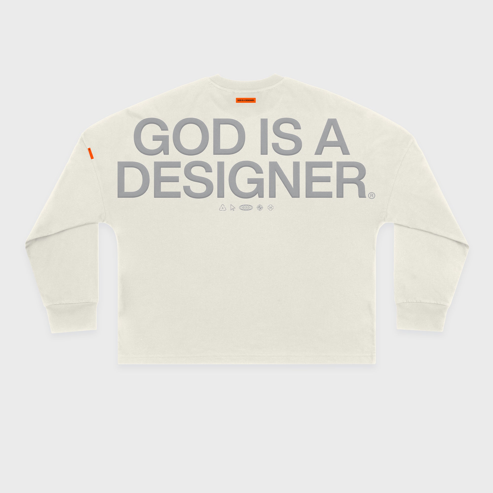Off-white sweatshirt with 'GOD IS A DESIGNER' text on the back against a white background