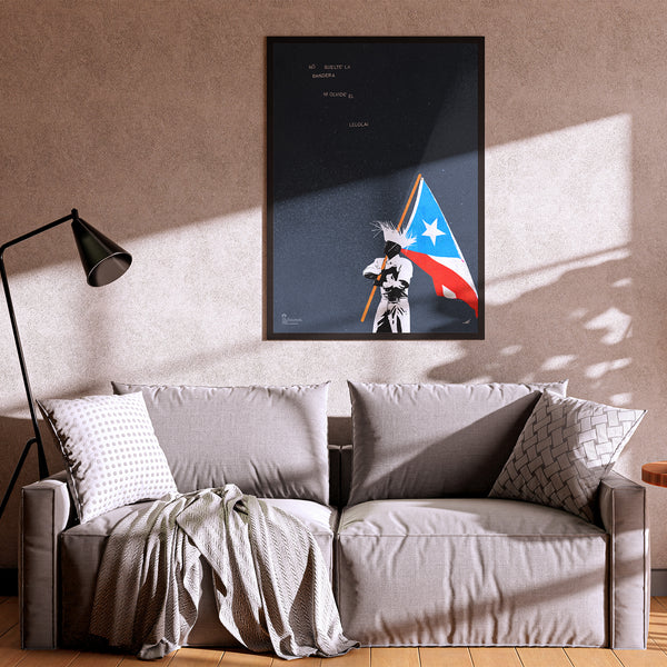 Artwork of a bad bunny dressed like a jibaro holding puerto rican flag and figure on a wall above a sofa.