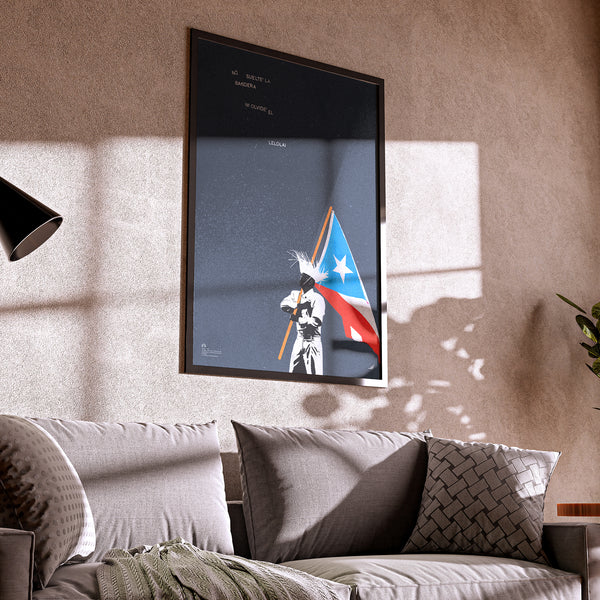 Artwork of a bad bunny dressed like a jibaro holding puerto rican flag and figure on a wall above a sofa.