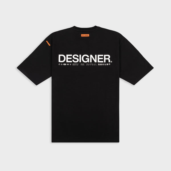 Black t-shirt with 'DESIGNER' text on a light gray background